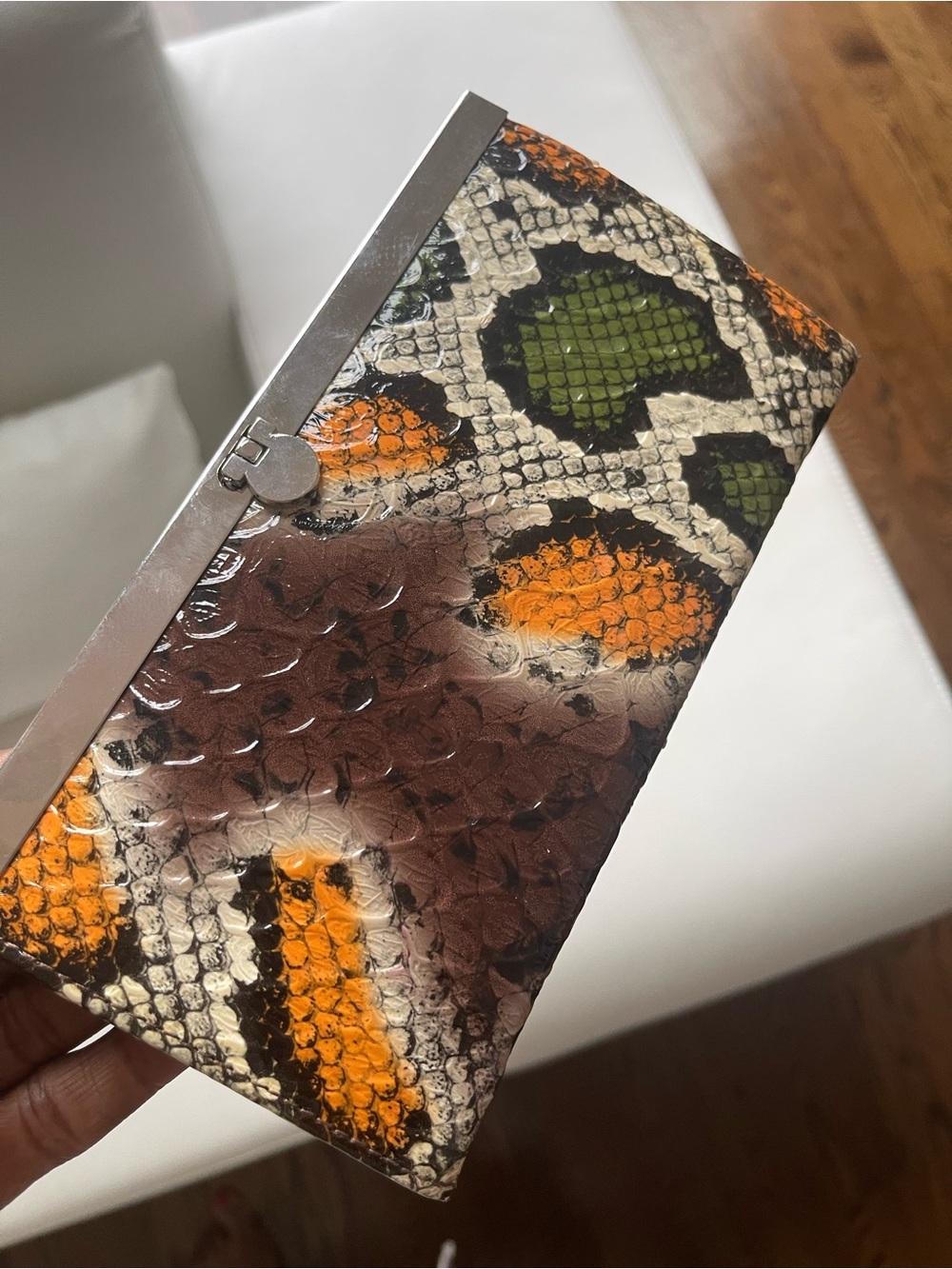 Snake-Print Clutch Wallet in Orange, Green and Brown
